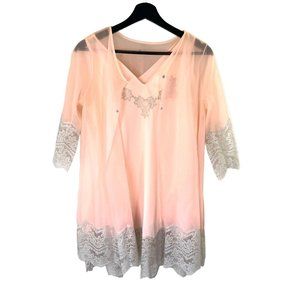 Vintage 50s Sears Pink Lace Sheer Babydoll Nightgown and Robe Small